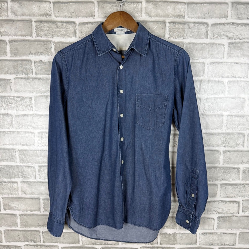 J.Lindeberg Winton Slim Indigo Chambray Button Down Shirt Mens XS Blue Cotton